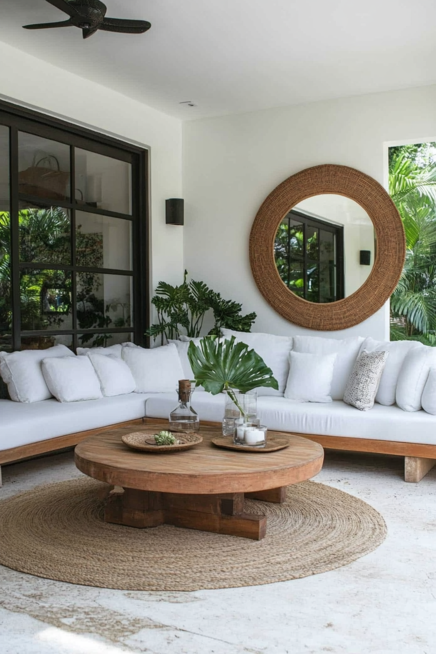 Modern enclosed porch. Glass walls, minimalist white sofa, teak coffee table, large round mirror.