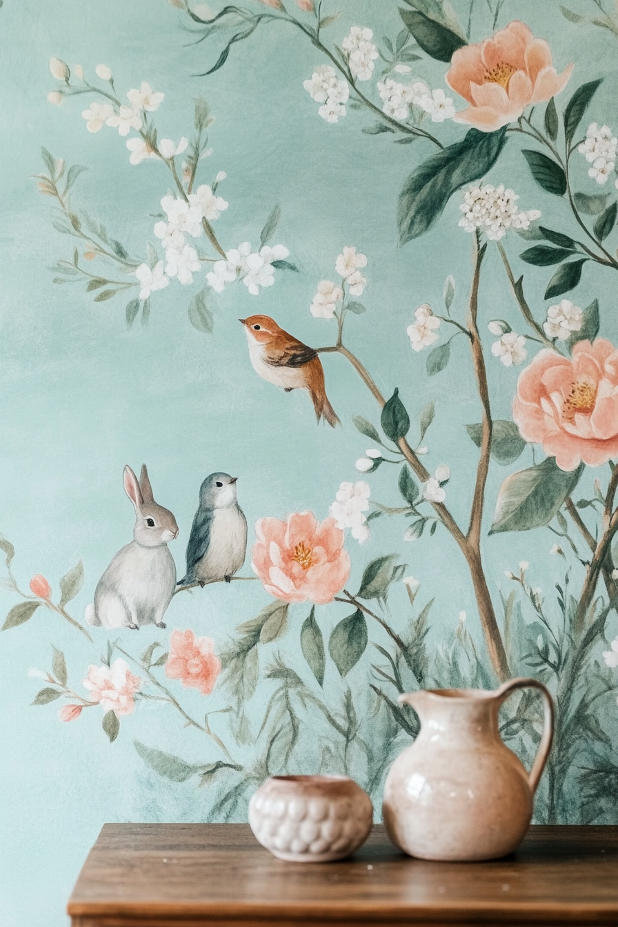 Pastel-colored mural. Blooming forest with rabbits and birds on a soft mint background.