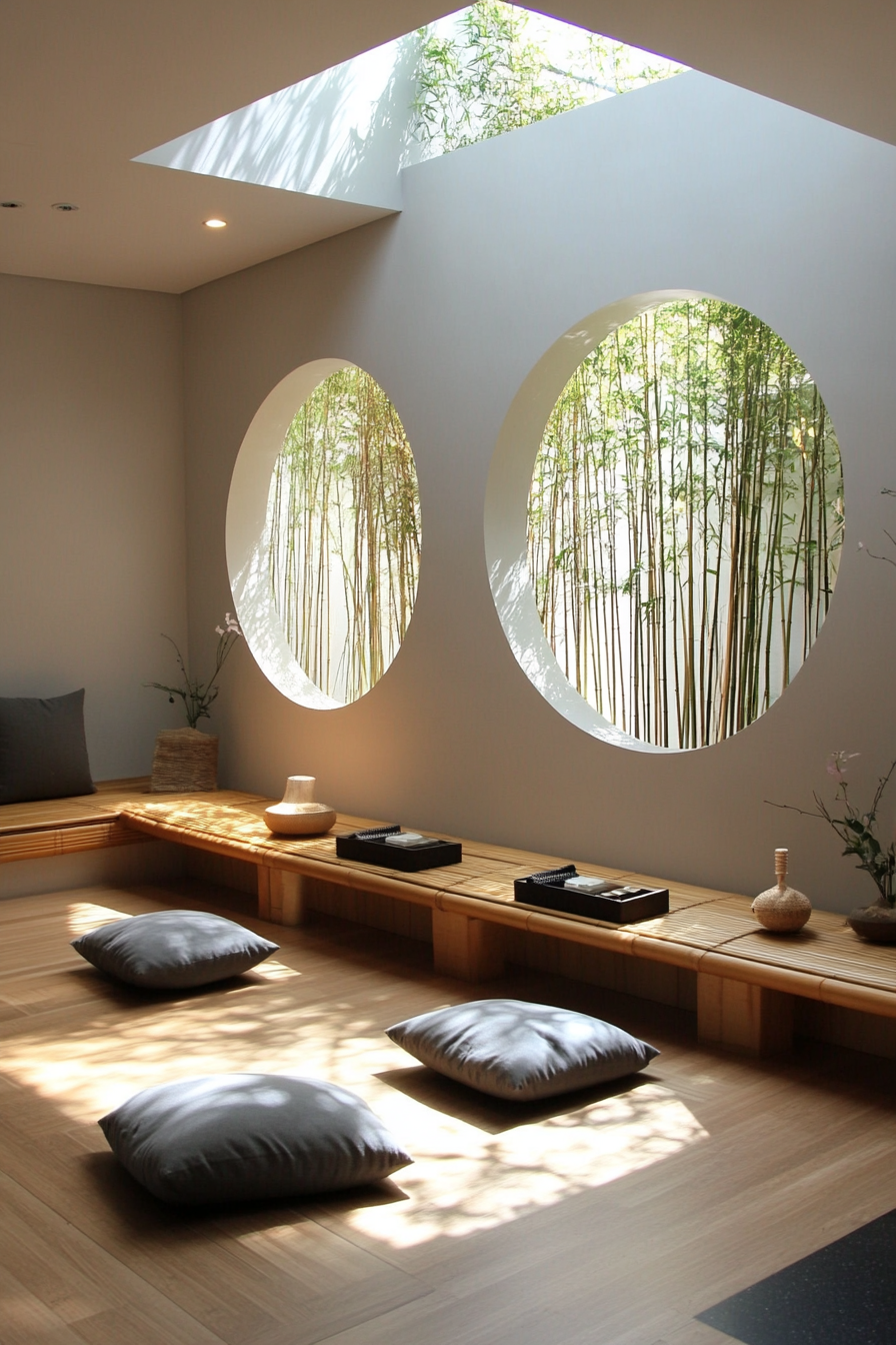 Meditation space. Bamboo bench, diffuser station, cushion storage, skylight.