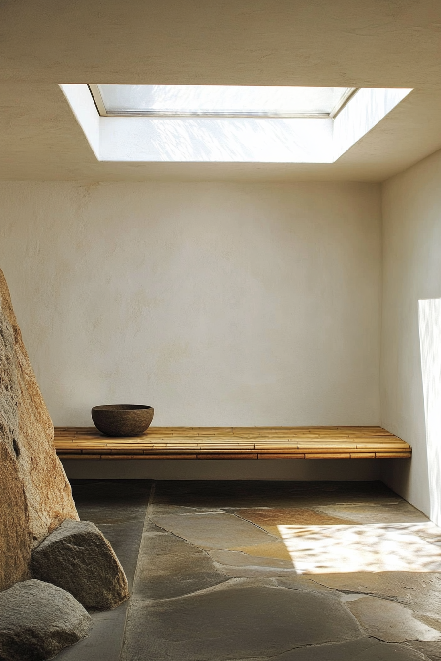 Compact meditation space. Built-in bamboo bench under crystal clear skylight.