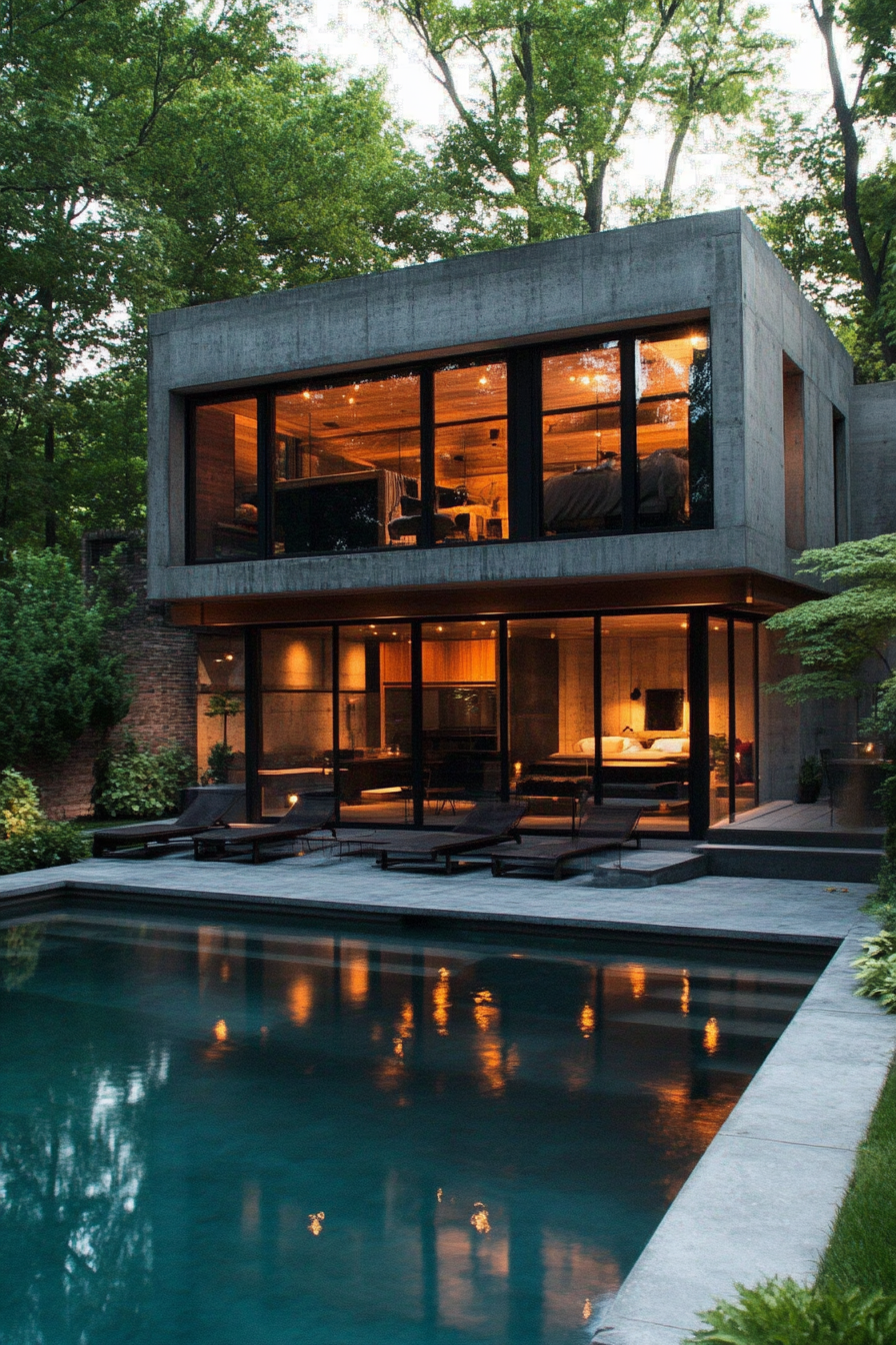 Luxury pool house. Concrete structure, separated changing cabana, panoramic glass windows facing the pool.