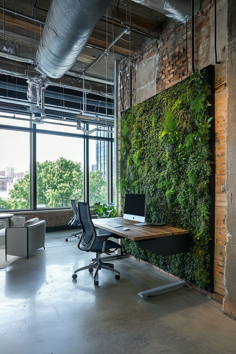 Remote workspace. Modular desk, green wall divider and convertible meeting spot underneath industrial windows.