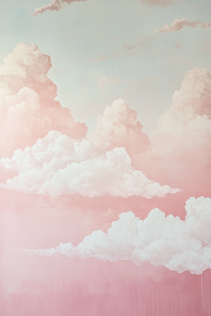 Baby room mural. Soft pink pastel clouds at dawn.