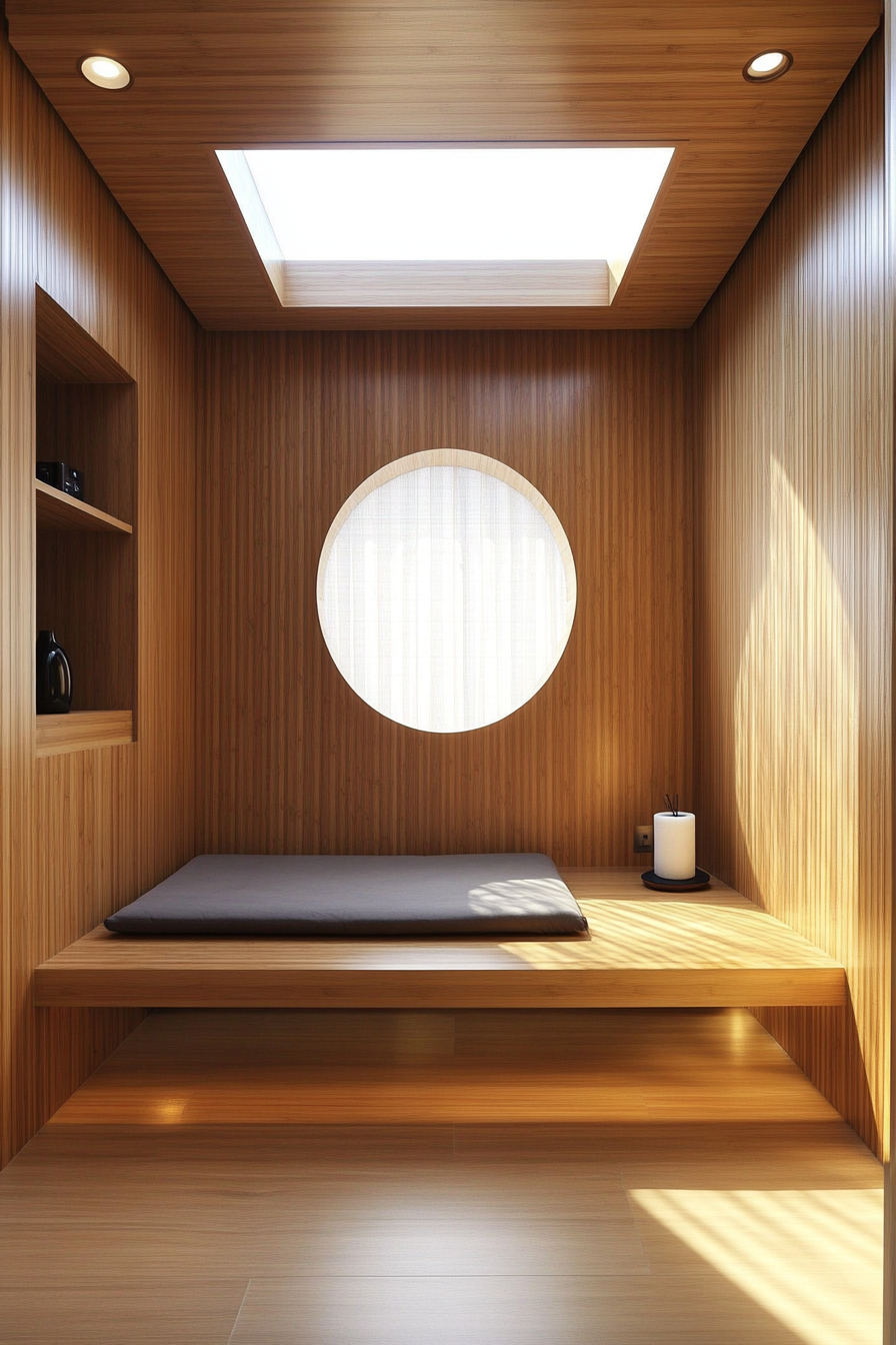 Compact meditation space. Built-in bamboo bench beneath a rectangular skylight, complemented by diffuser station and floor cushion storage.