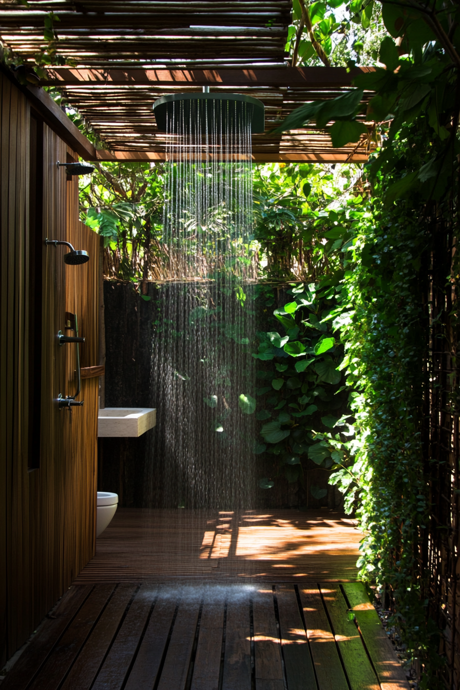 Outdoor bathroom. Teak floor, rainfall shower, leafy wall under a wooden pergola.