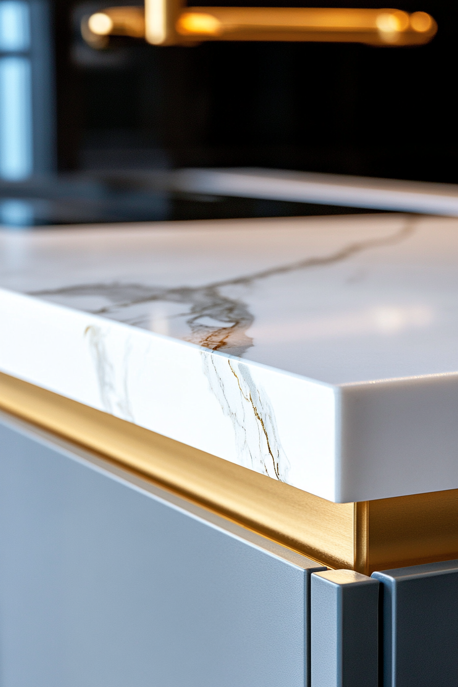 Premium kitchen design. White marble countertops with gold-accented hardware.