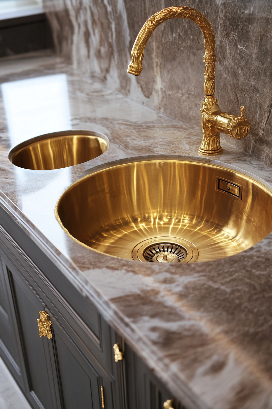 Premium kitchen design. Marble countertop with gold-plated sinks and fixtures.