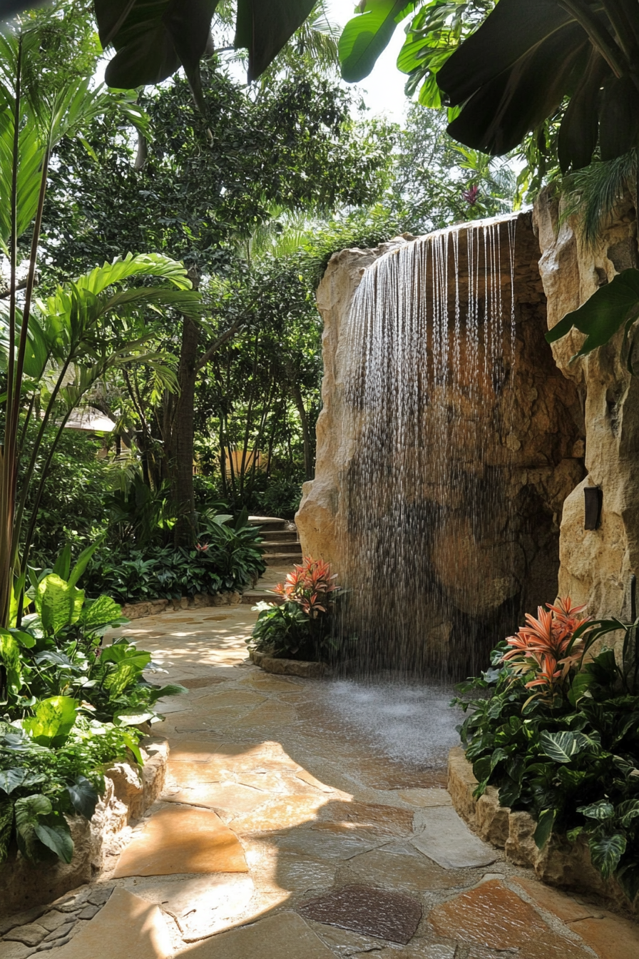 Outdoor shower. Natural rock formation, multiple cascading heads, integrated tropical garden.