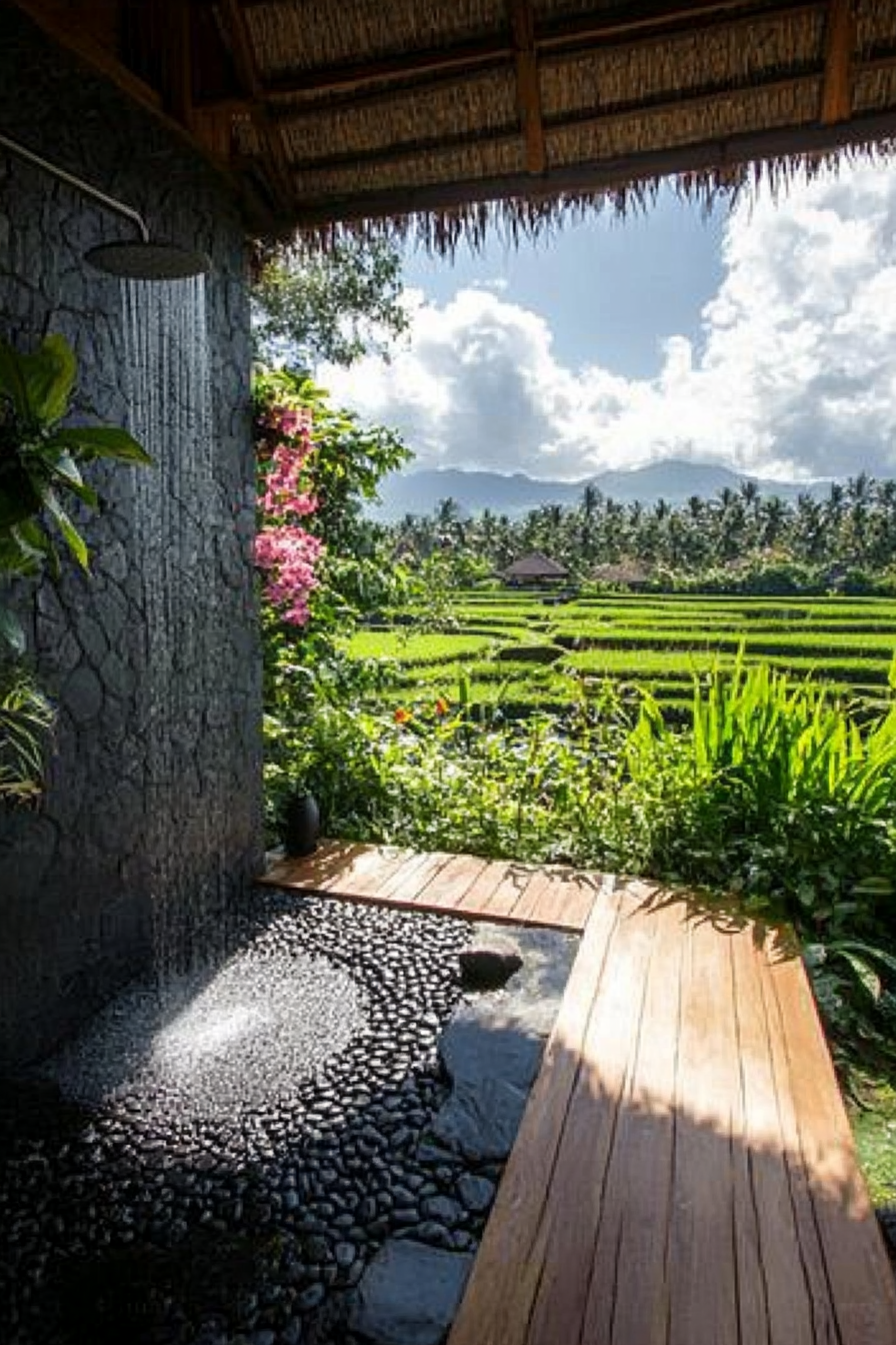 Outdoor shower. Black lava stone walls, teak platform, living orchid wall, rice paddy view.