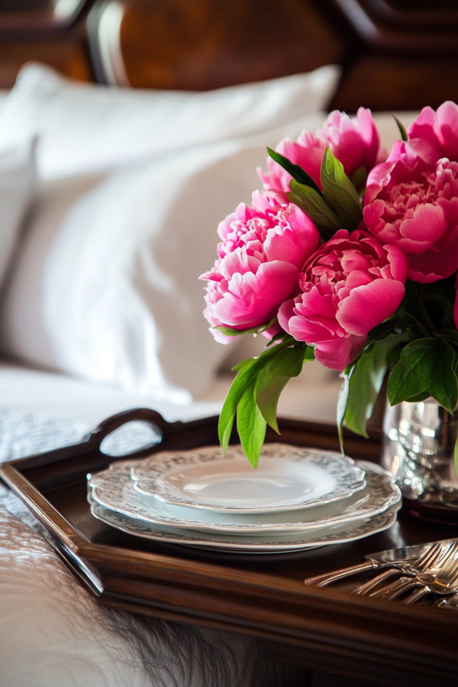 Luxurious bedside setup. Cherry wood trays, silverware, and vibrant peonies.