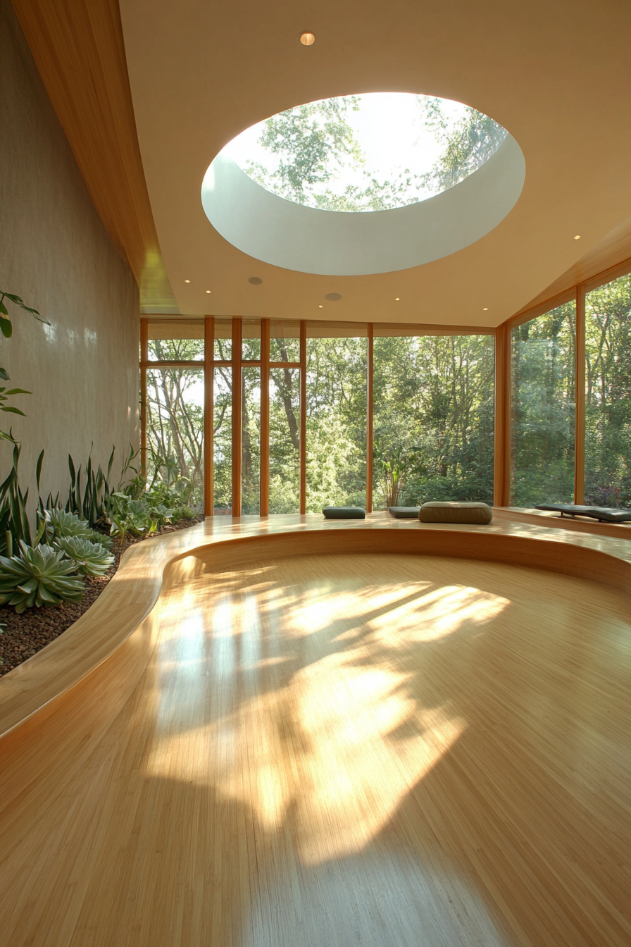 Yoga space. Bamboo floor, circular skylight above meditation corner, wall of succulents.