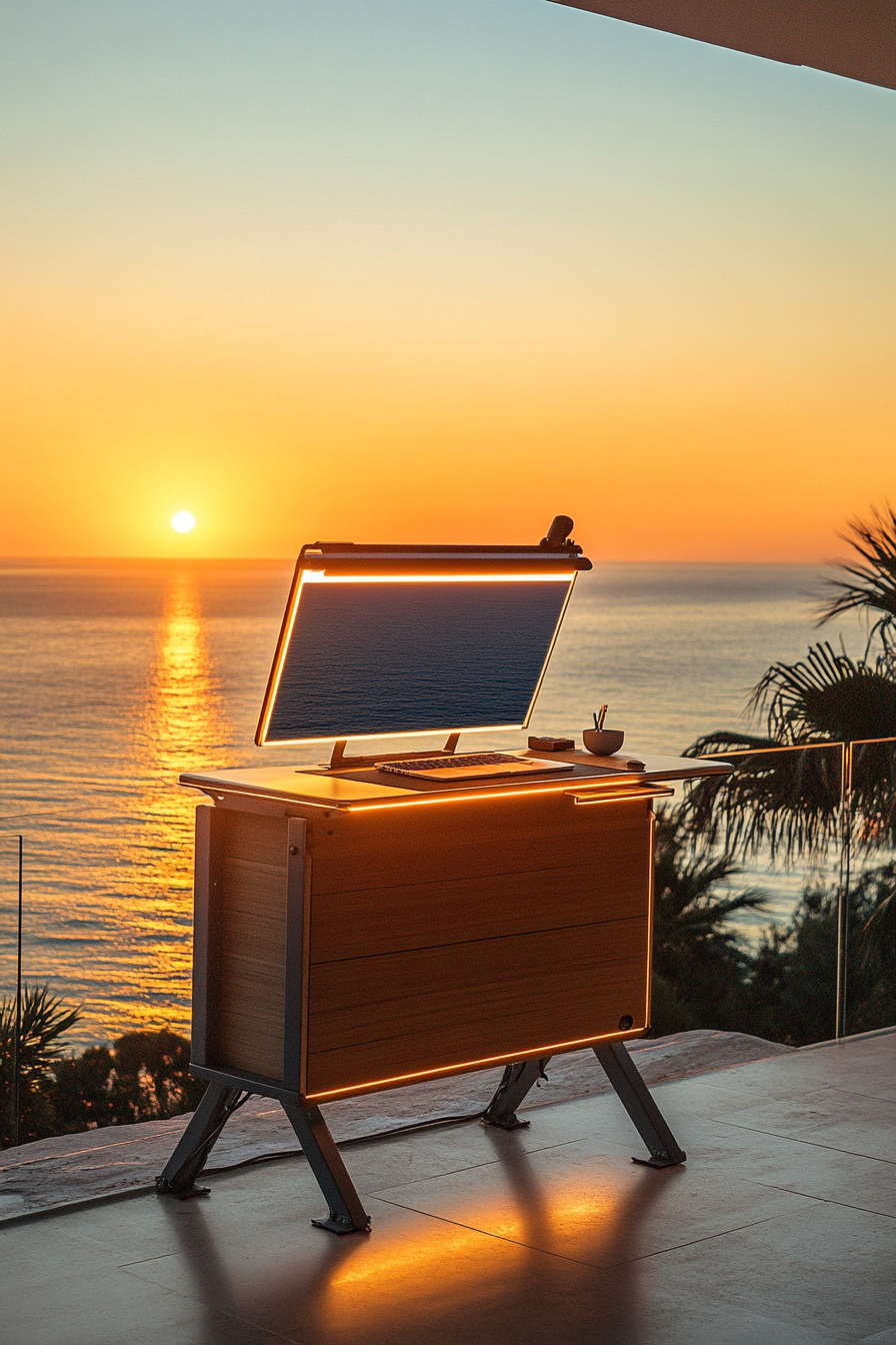 Mobile office. Convertible sit-stand desk facing Mediterranean Sea, solar tubes lighting system.