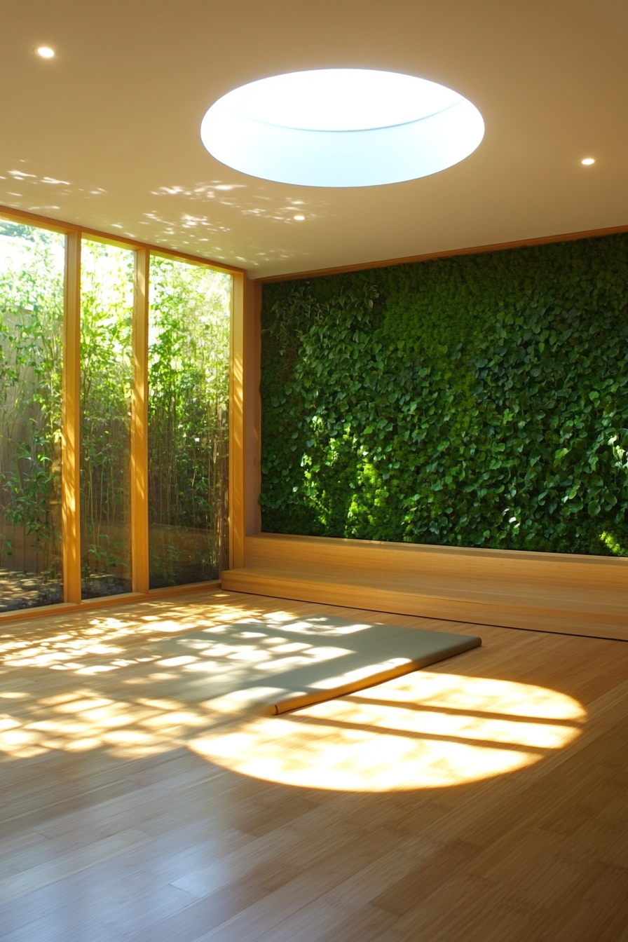 Serene yoga space. Bamboo floor, green living wall under round skylight, and a designated meditation quarter.