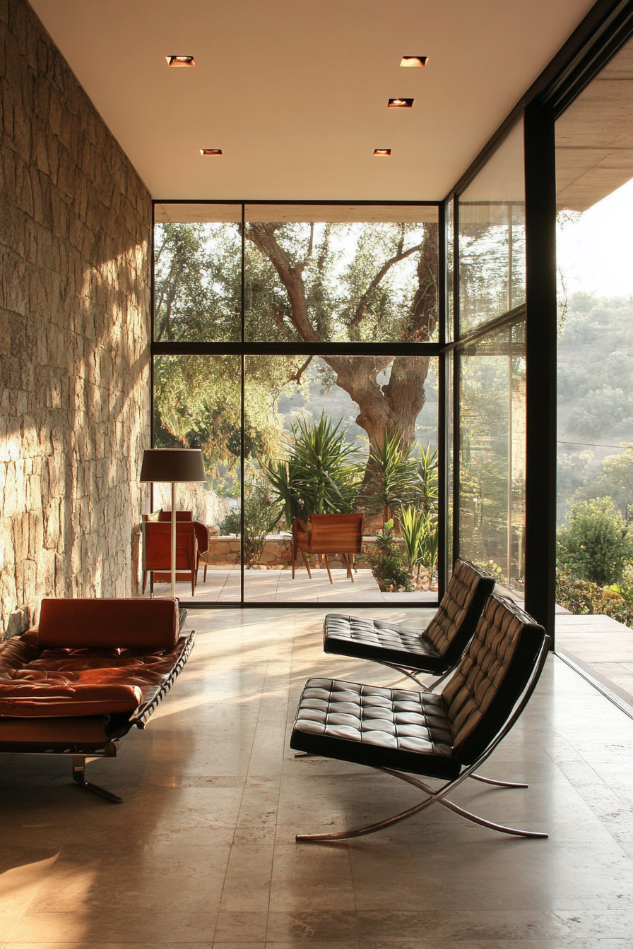 Modern enclosed porch. Mies van der Rohe Barcelona chair against four-teared glass wall.