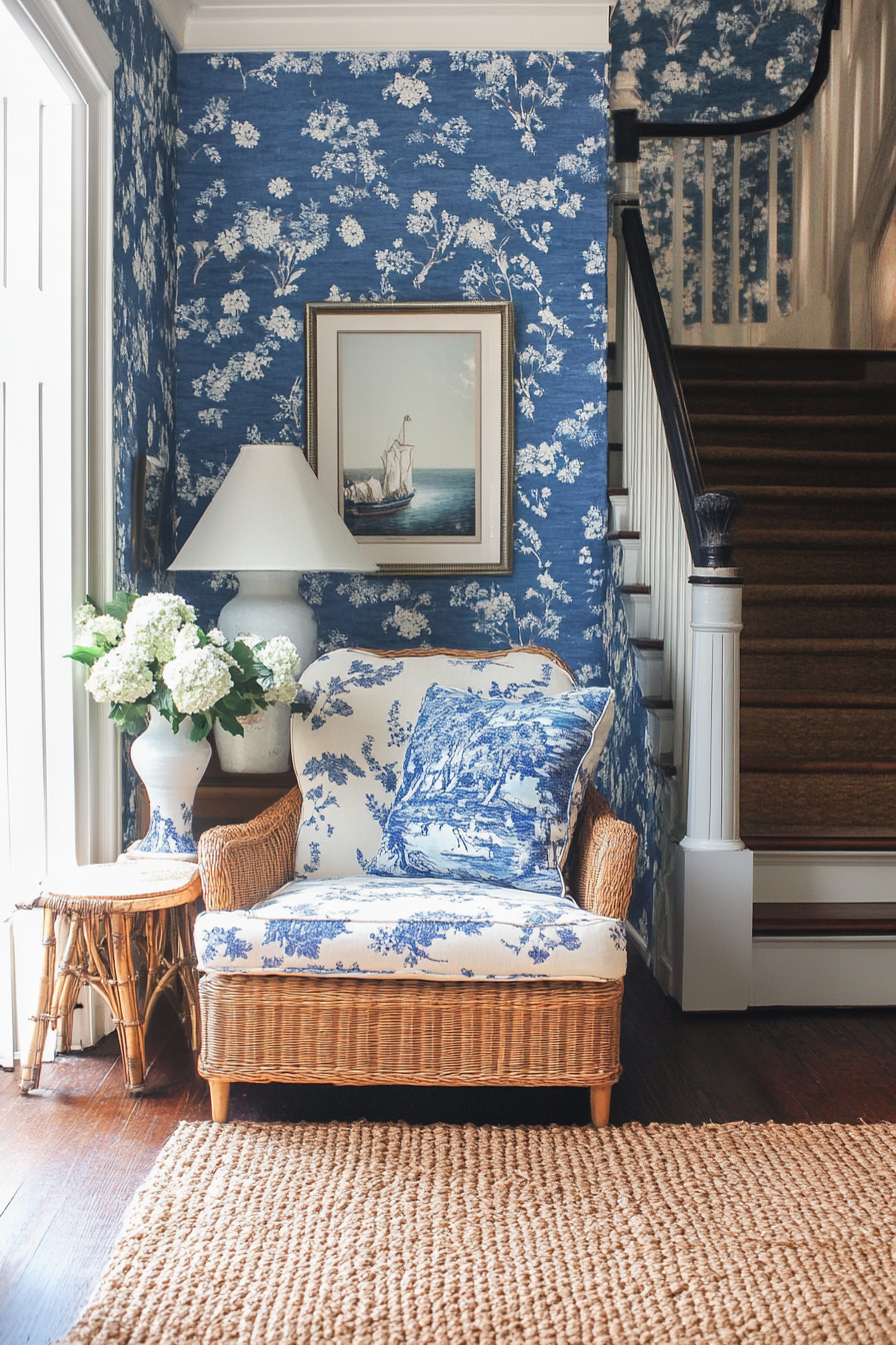 Coastal living space. Vintage floral armchair, blue chinoiserie wallpaper, woven seagrass rug.