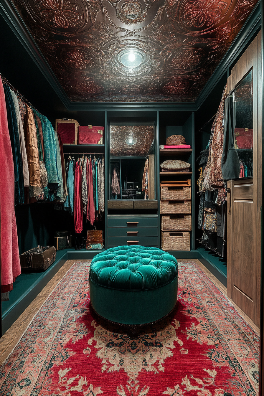 Walk-in closet. Velvet teal ottoman, stenciled metallic ceiling, ruby rug, emerald smart-mirror.