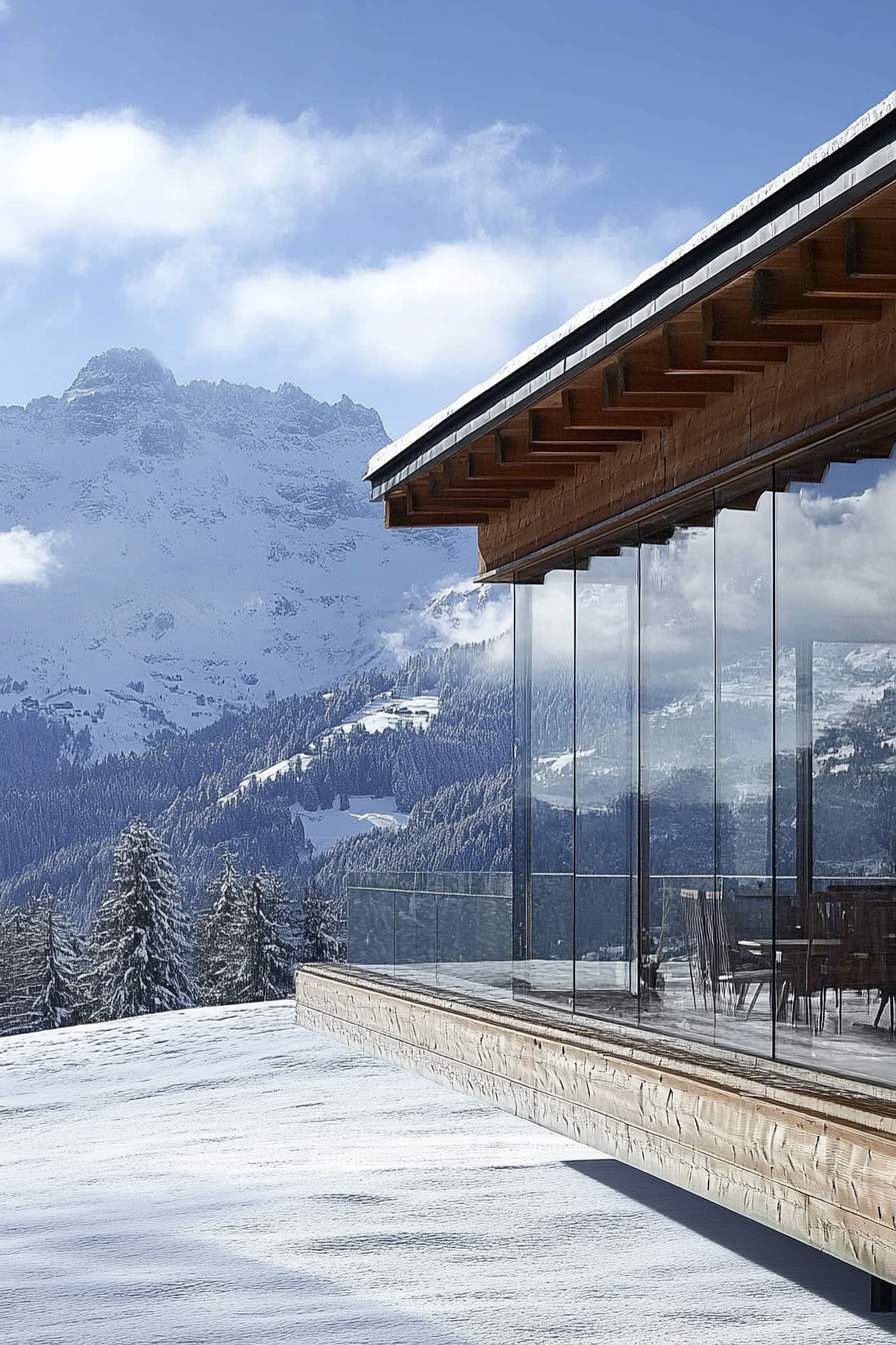 Contemporary Alpine living. Glass-encased wooden chalet overlooking snow-capped peaks.