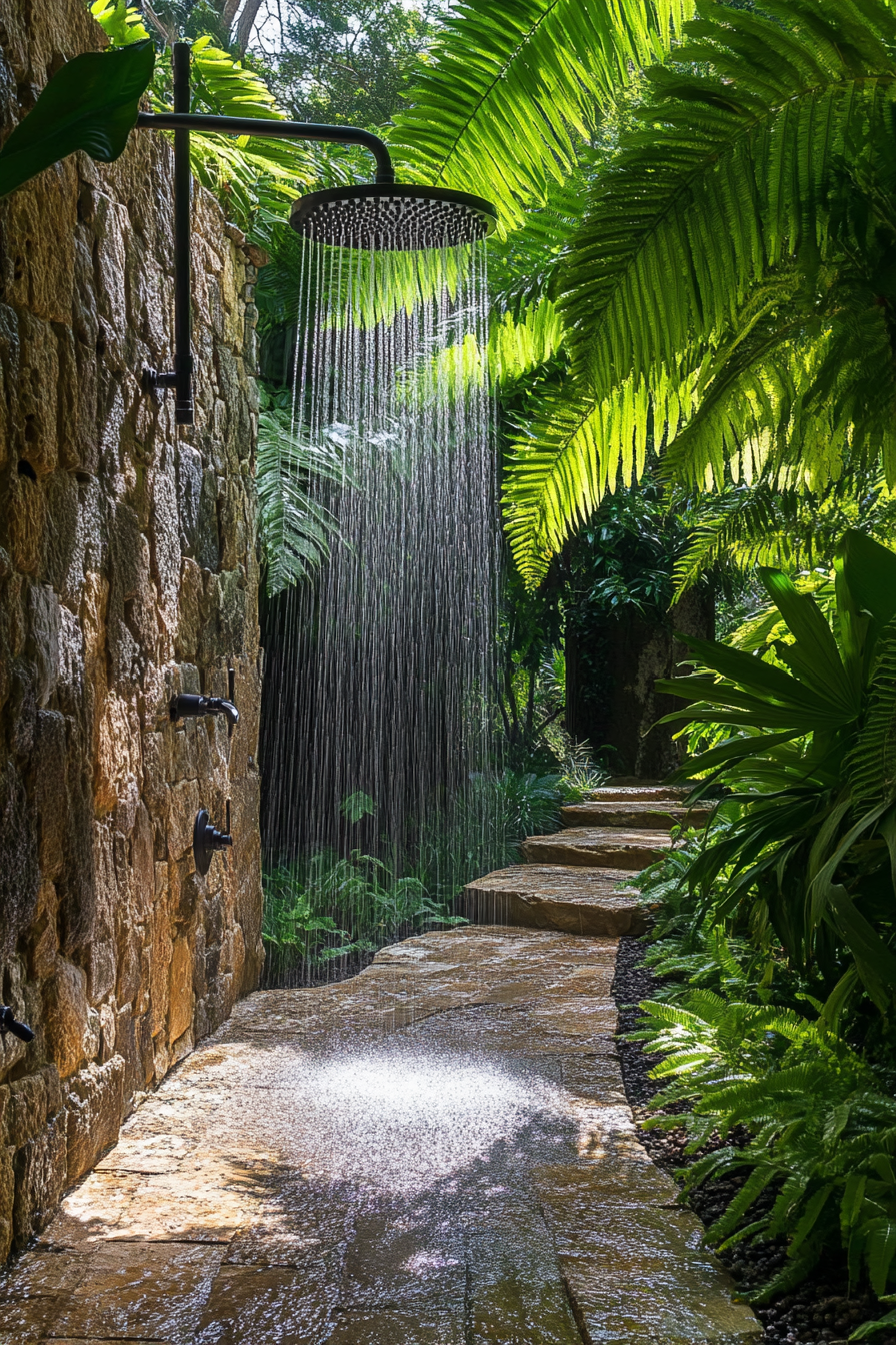 Outdoor shower. Sedimentary rock formation with cascade shower head, encased by fern-lined paths.