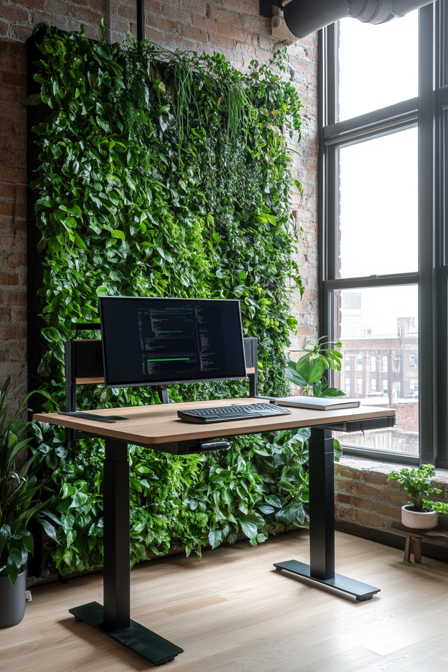 Remote workspace. Modular desk system against green living plant wall under lofts windows.