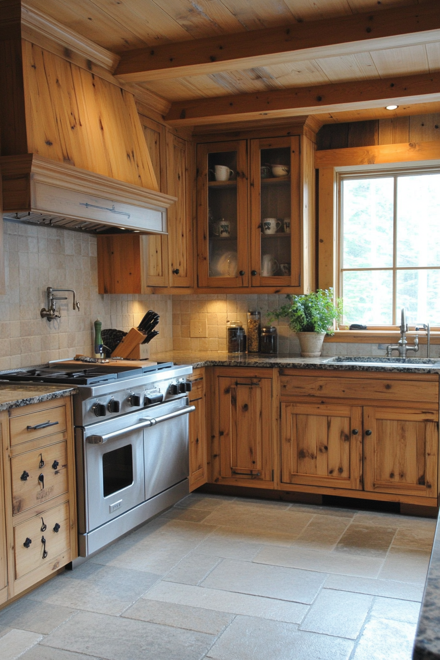 Premium Kitchen Design. Pine wood cabinetry with polished granite countertop.