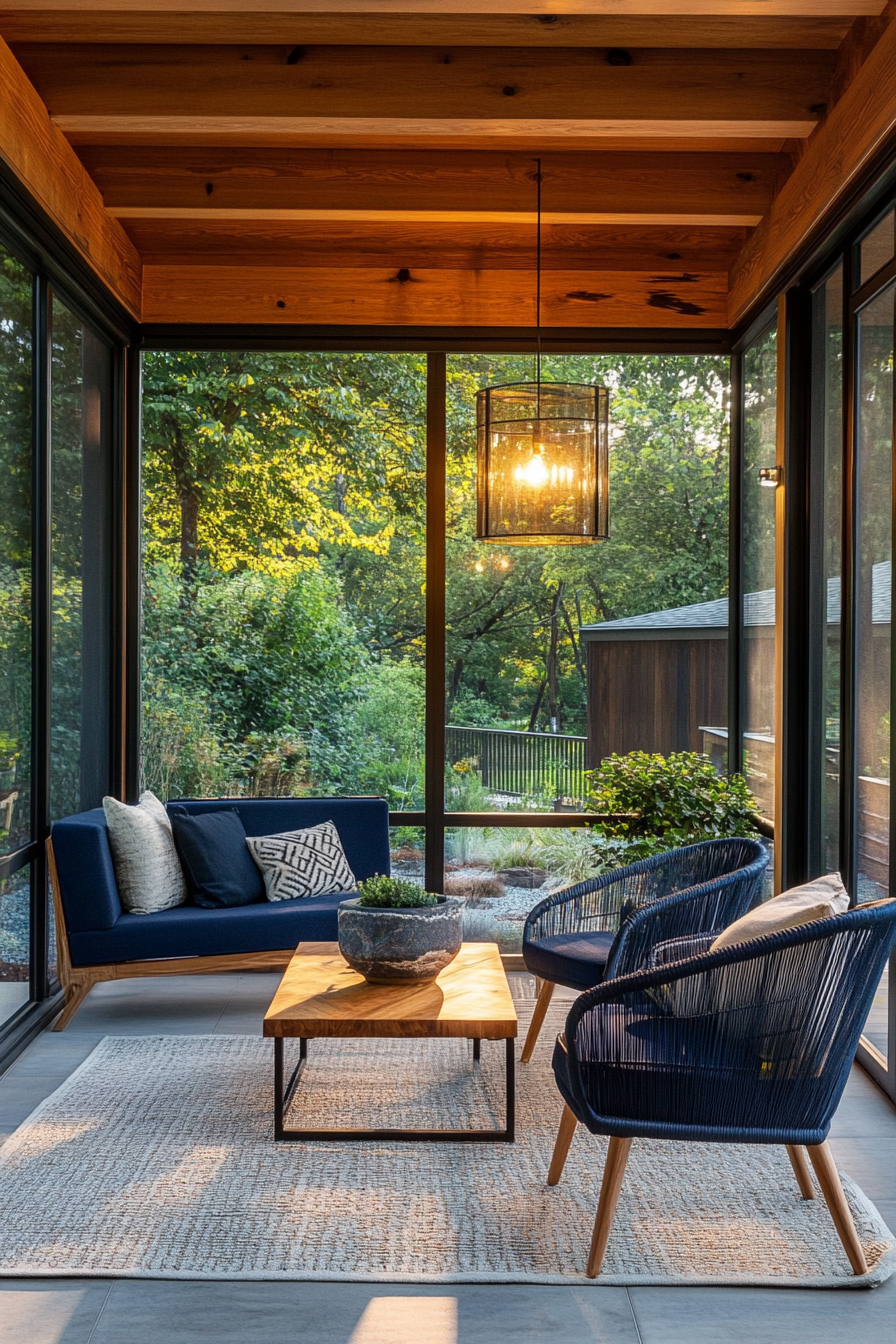 Modern enclosed porch. Glass walls, navy modern armchair, Koa wood table.