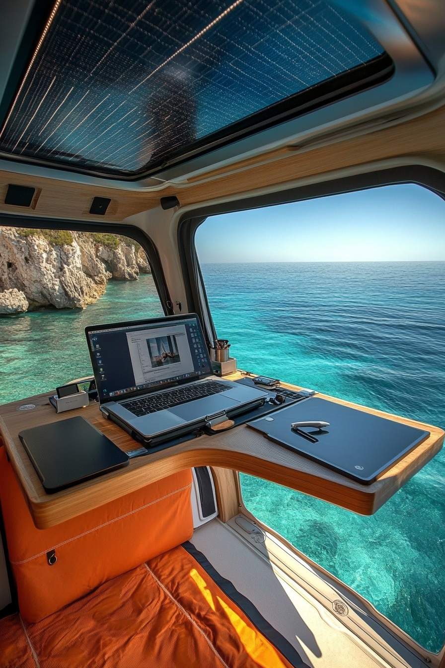 Mobile office. Ocean-view desk with convertible workstation and solar technology.