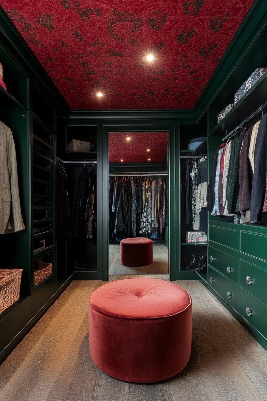 Walk-in closet. Emerald velvet ottoman, ruby textured wallpaper ceiling, sapphire smart mirror.