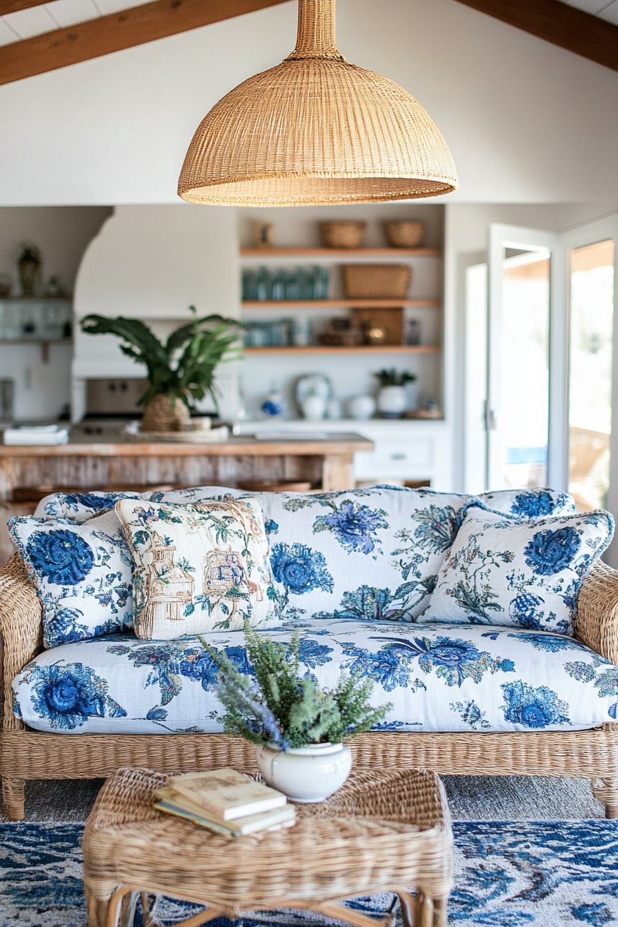 Coastal living space. Vintage floral sofa with blue chinoiserie carpets and woven rattan light fixture.