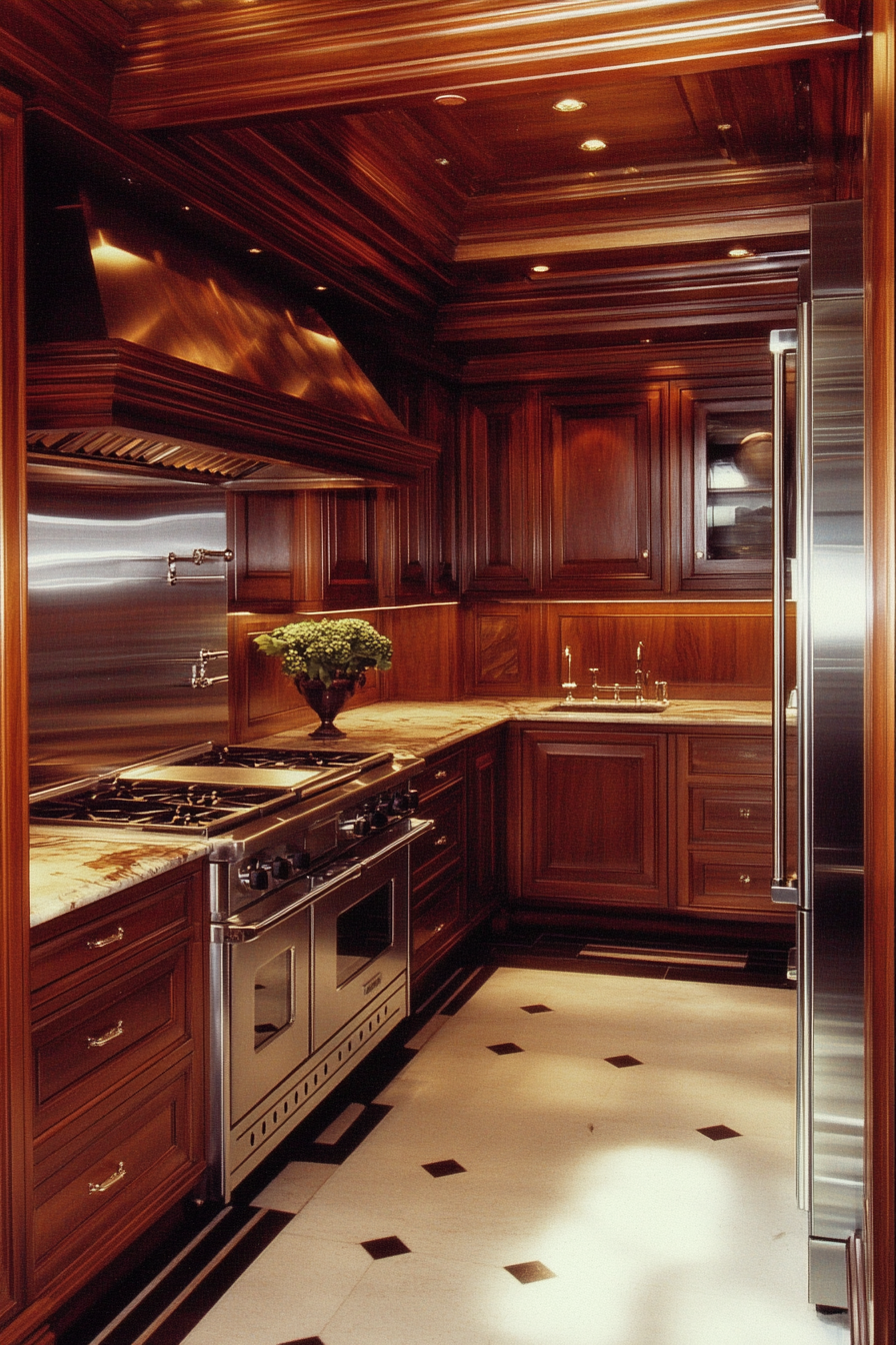 Kitchen design. Premium cherry hardwood cabinetry with sleek stainless steel appliances.