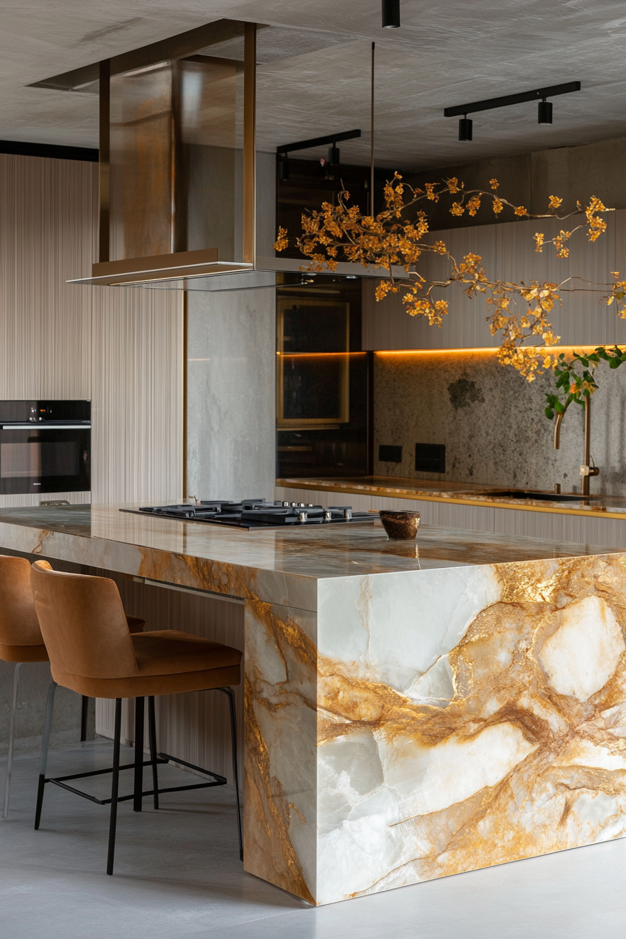 Premium kitchen design. Gold-accented marble island with built-in stove.