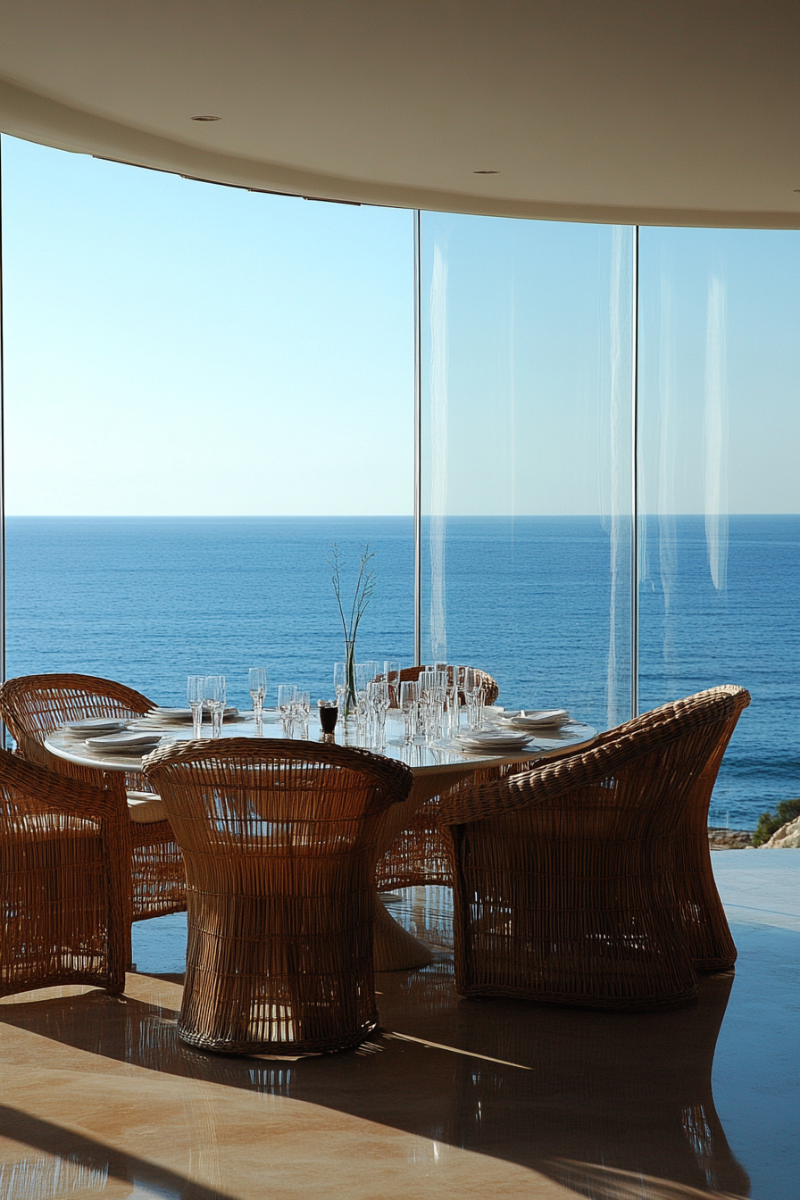 Dining room. Bleached brunette floors, curved rattan chairs, floor-to-ceiling ocean view.