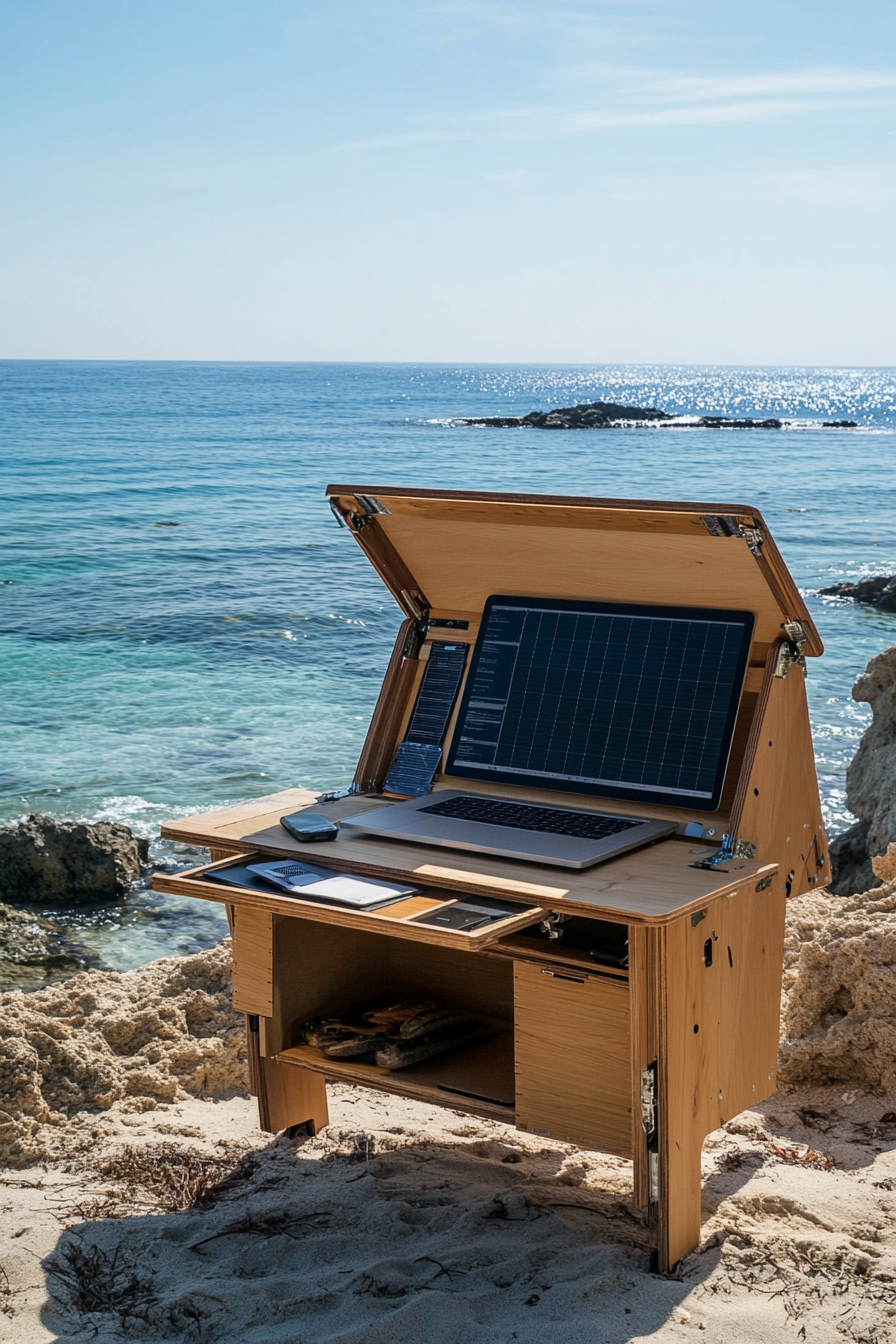 Flexible mobile office. Convertible workstation with ocean-view, enhanced by solar technology.