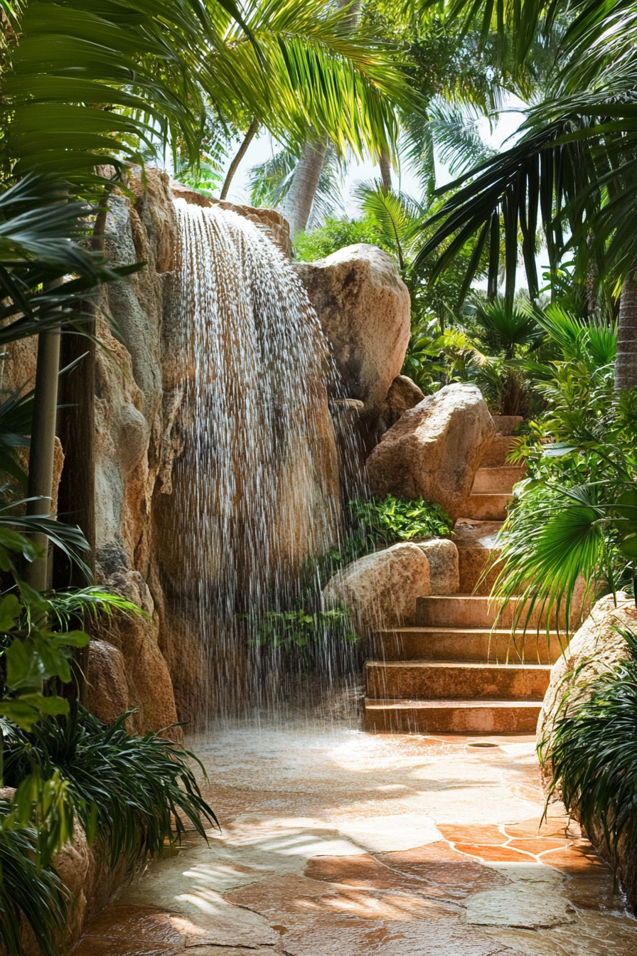 Outdoor shower. Natural rock formation with cascading shower heads amidst a tropical garden.