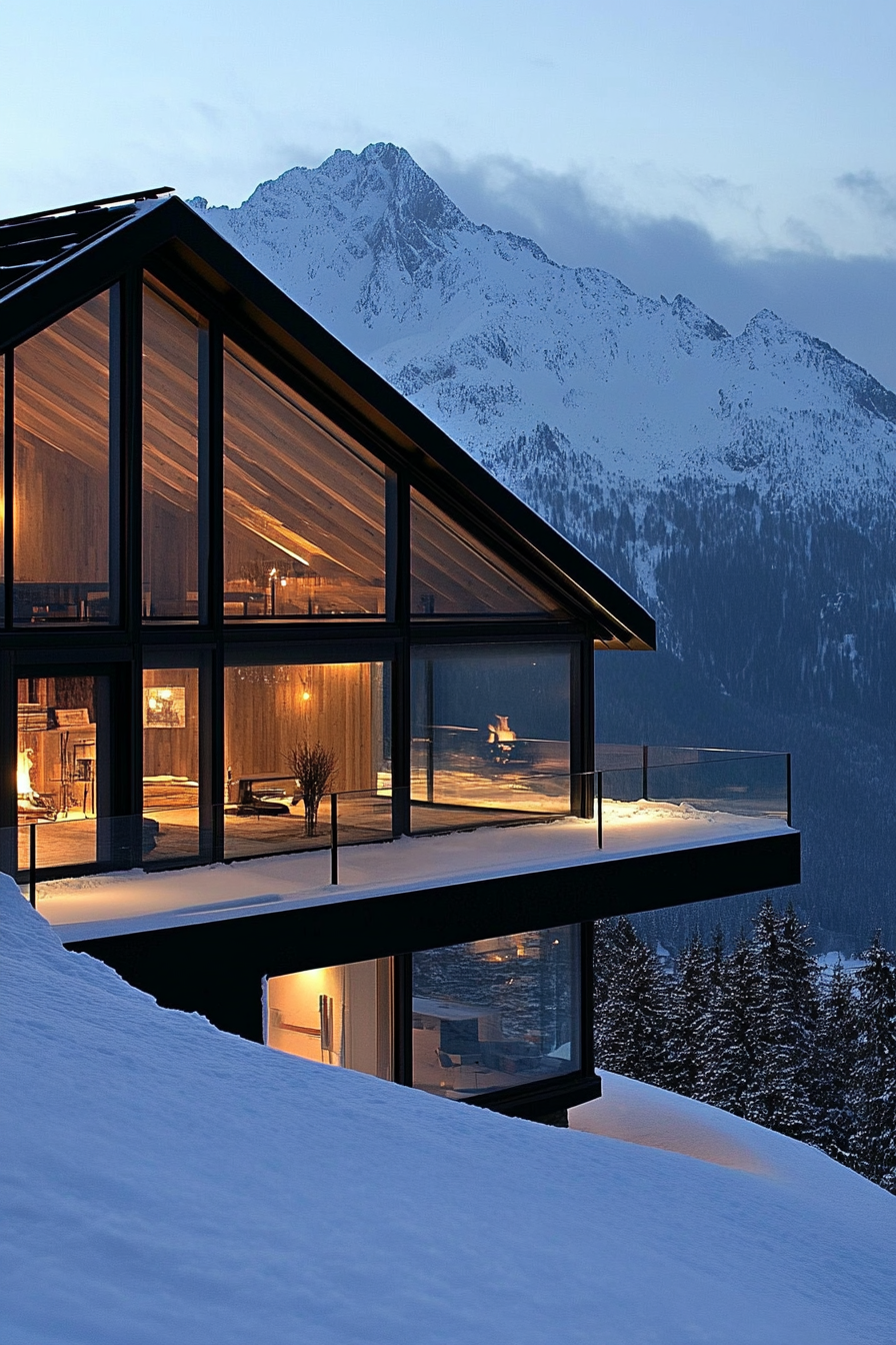 Contemporary Alpine living. Glass-front cabin overlooking snow-capped mountains.