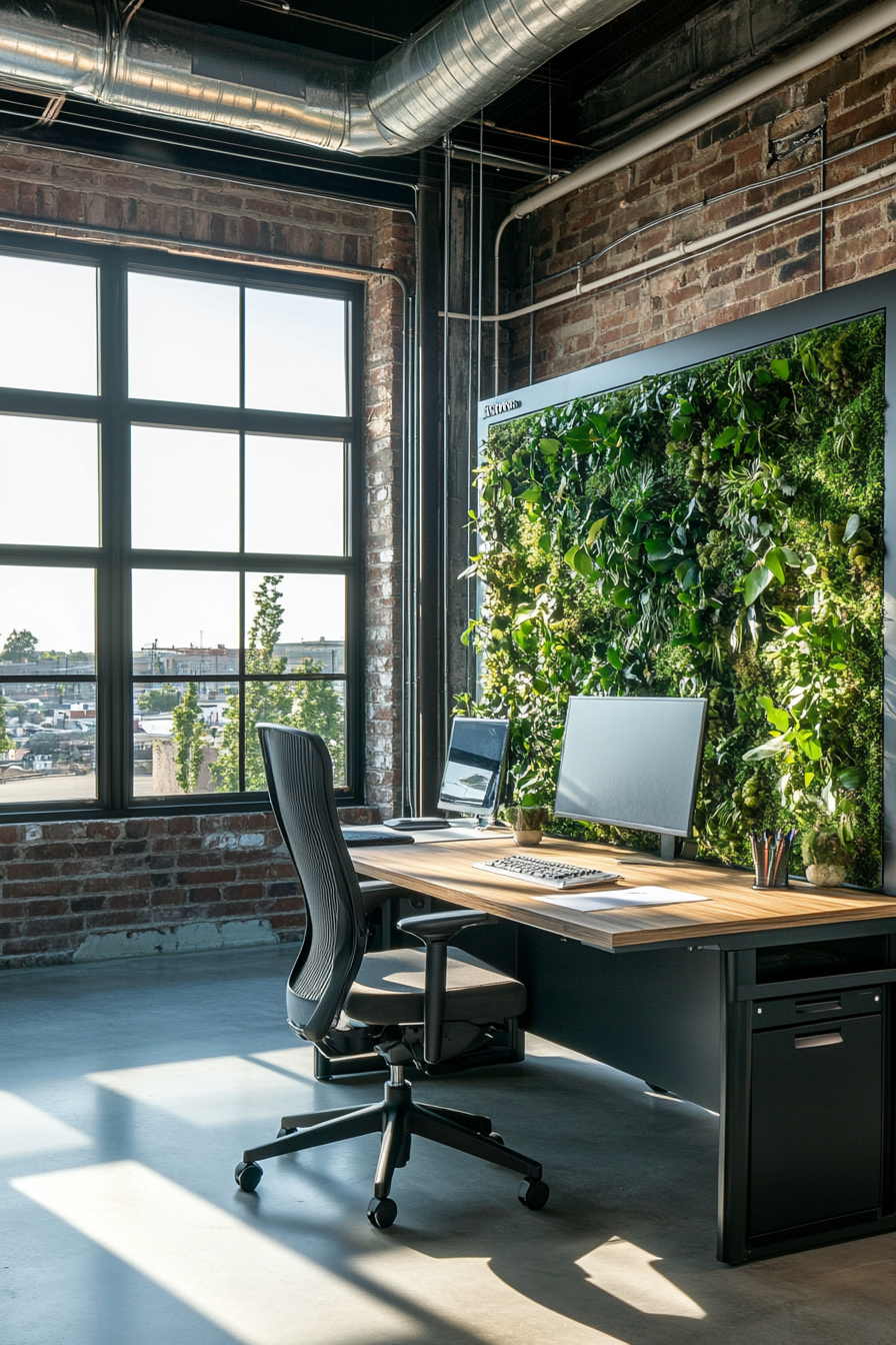 Remote work space. Modular desk system beneath industrial windows, complemented by a green wall divider.