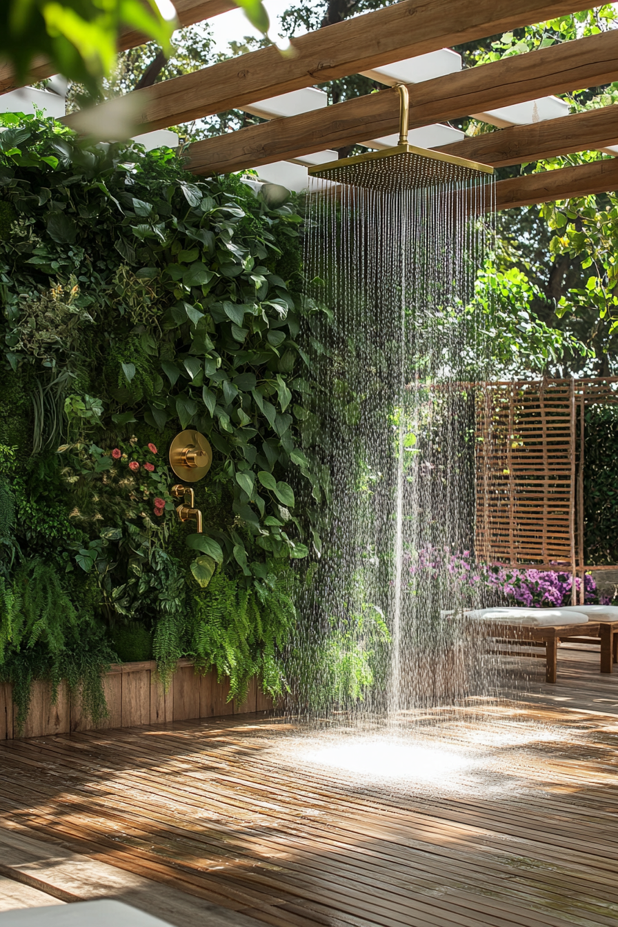 Outdoor bathroom. Teak flooring, brass rainfall shower head, foliage privacy wall beneath white pergola.