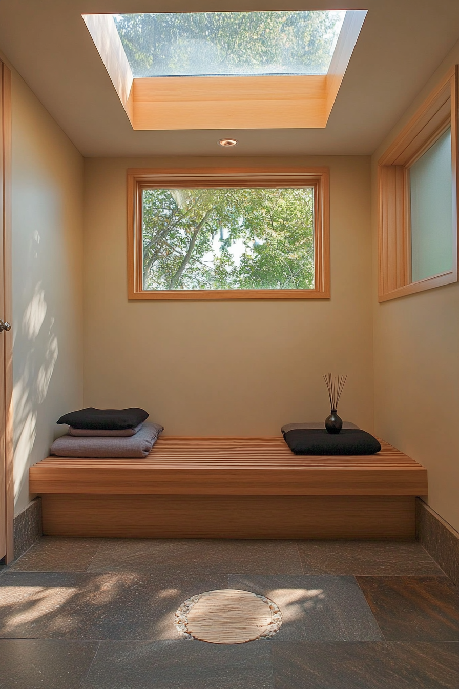 Compact meditation space. Bamboo bench beneath skylight with adjacent floor cushion storage and diffuser station.