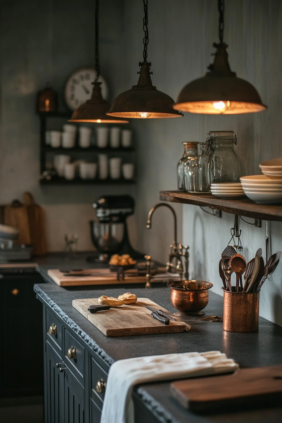 Kitchen with soapstone countertop, copper utensils and vintage scale under industrial pendants.