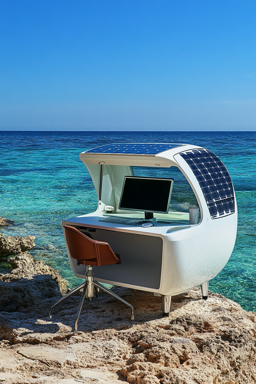 Flexible mobile office. Convertible workstation with integrated solar panels and quartz desktop facing a blue sea.