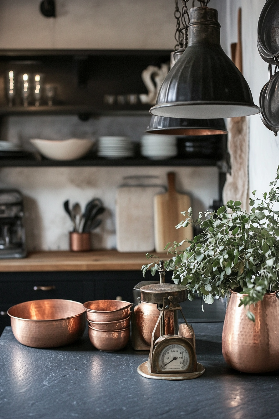 Welcoming kitchen. Soapstone countertop, copper vessels, vintage scale display, industrial pendant lights.