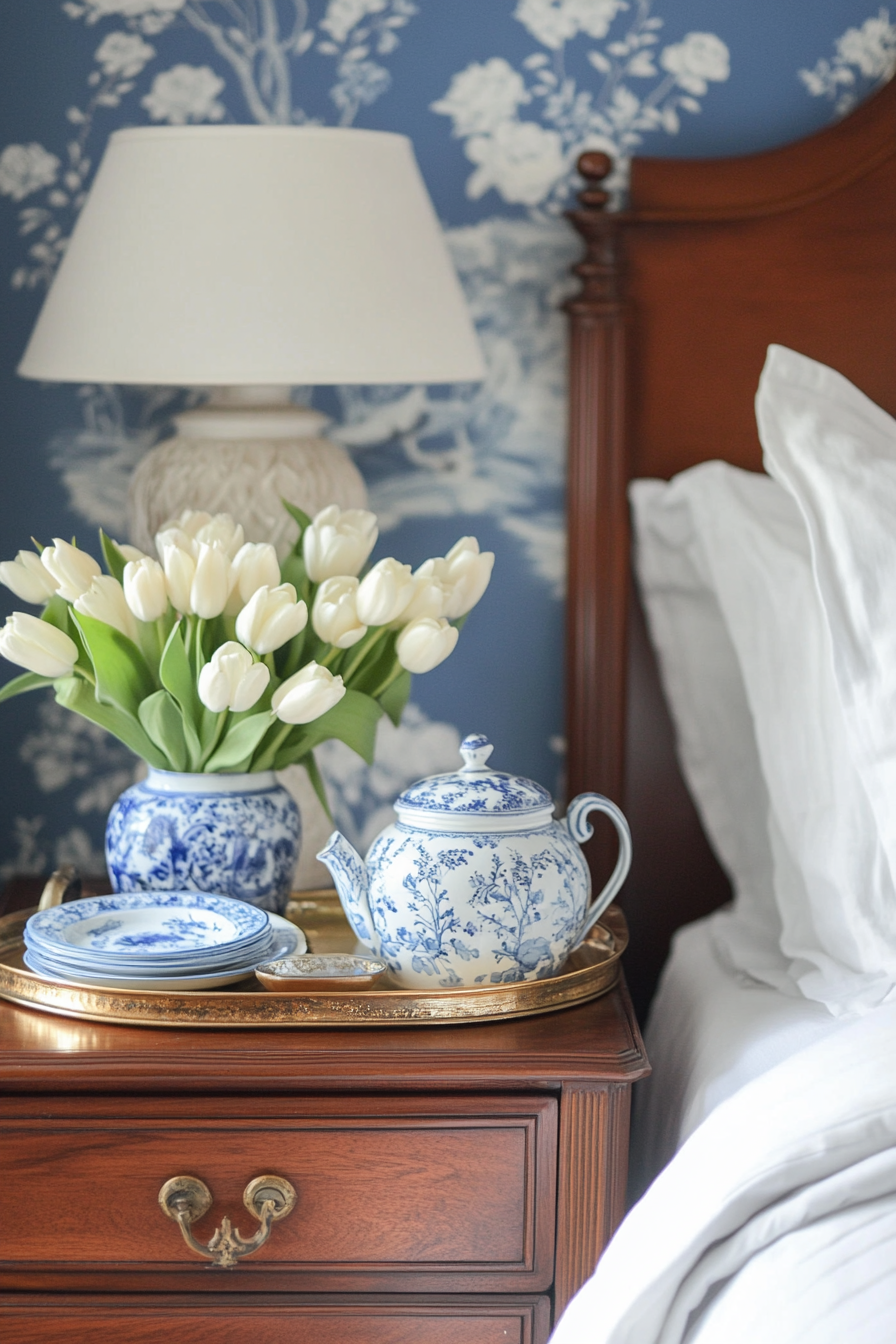 Bedside setup. Mahogany cabinet, gold-edge vintage trays, blue-and-white servingware, fresh tulips arrangement.