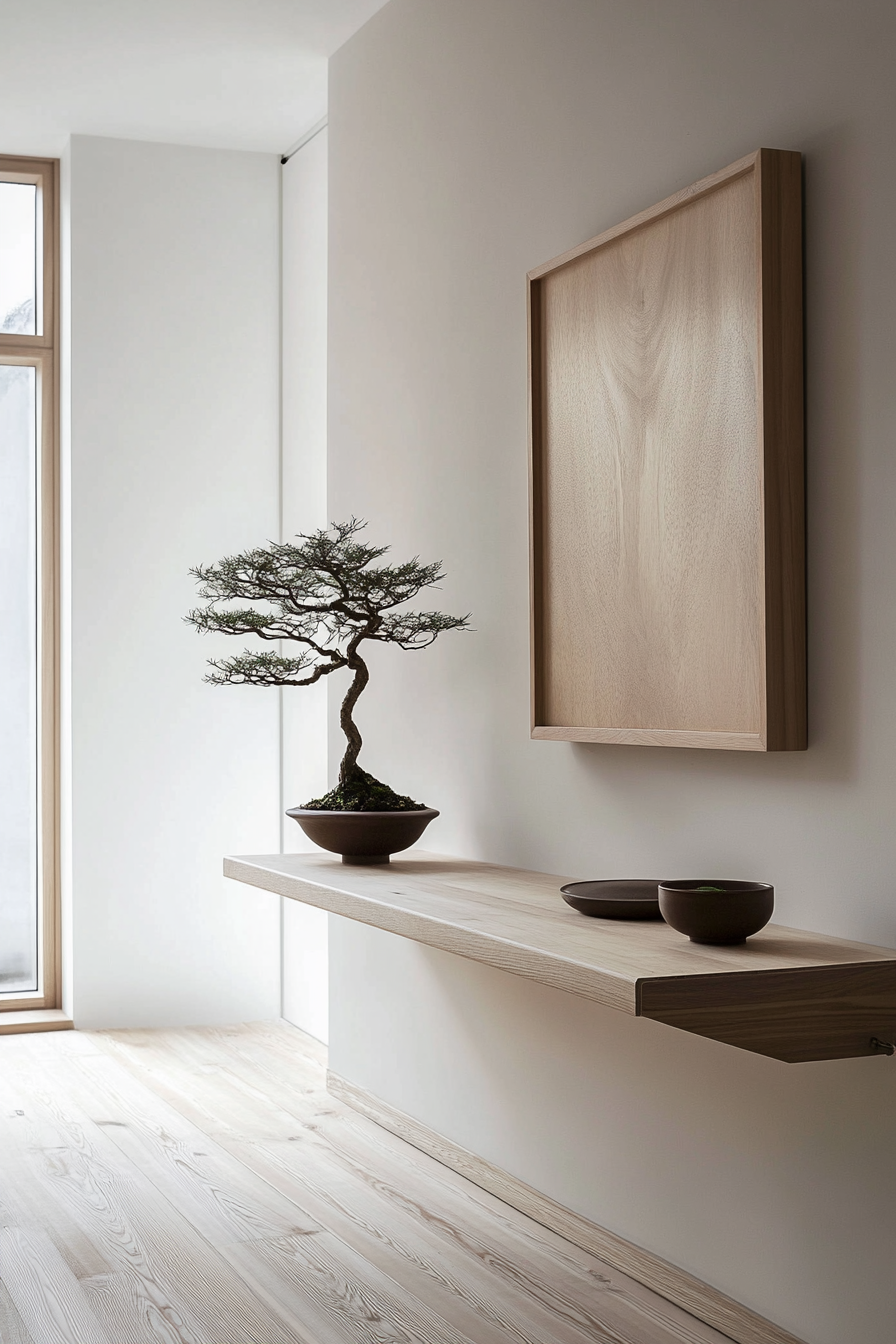 Minimal living space. Folding wall desk with zen bonsai.