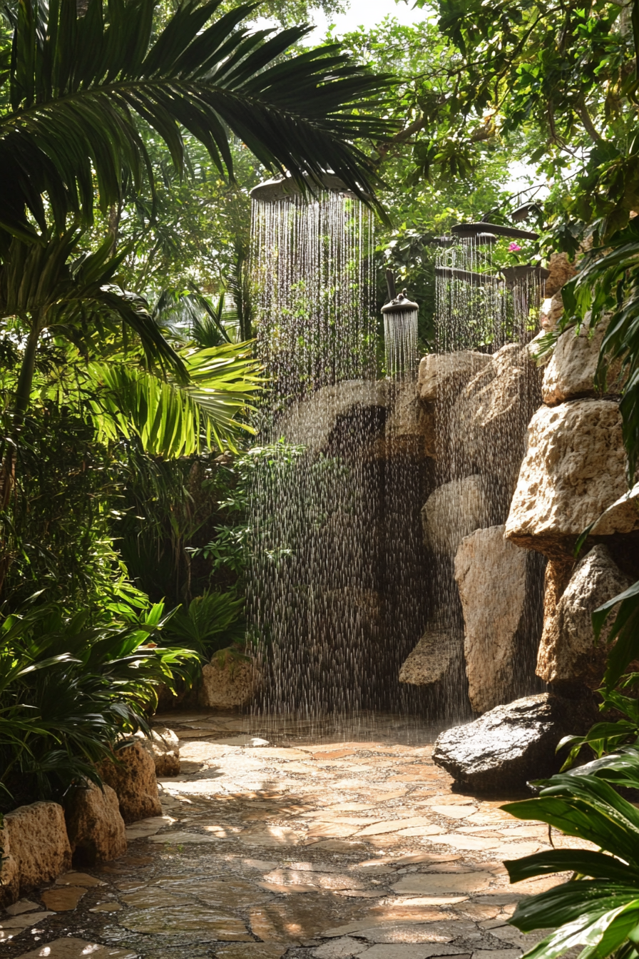 Outdoor shower. Natural rock formation with cascading shower heads amidst a lush tropical garden.