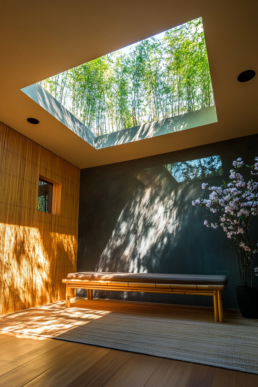 Meditation space. Built-in bamboo bench under vividly lit skylight, jasmine oil diffuser ambiance.