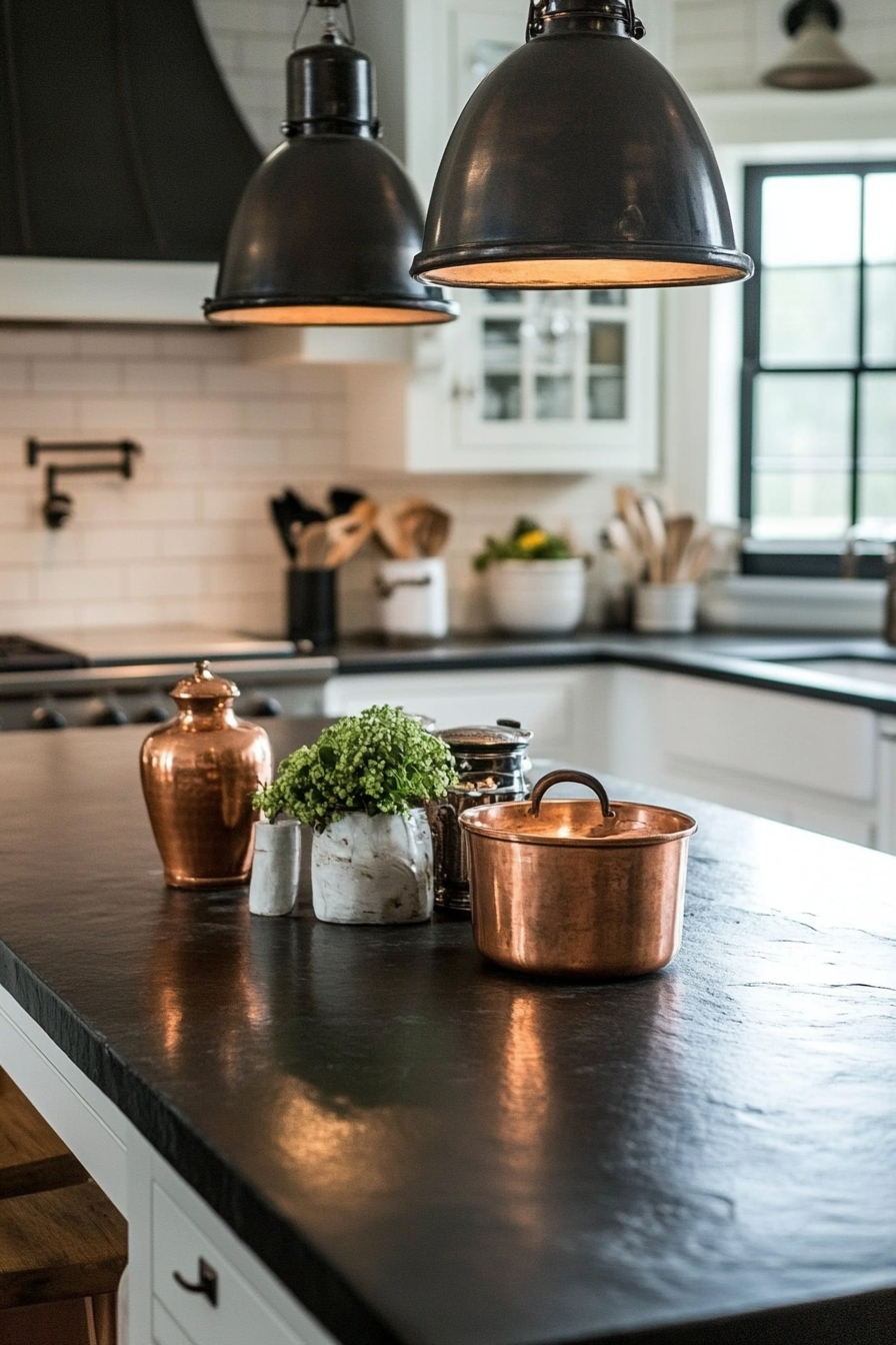 Welcoming kitchen. Soapstone countertop, copper vessels, vintage scale, industrial pendants.