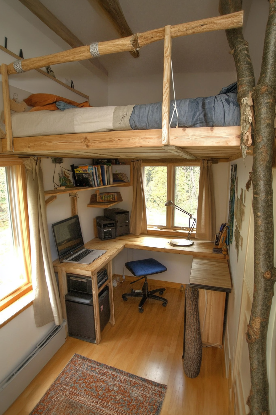 Minimal living space. Wooden loft bed with integrated desk and storage.