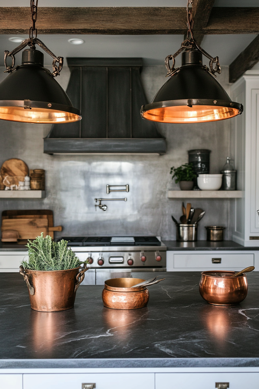 Welcoming kitchen. Soapstone countertops, industrial pendant lights, vintage scale, and copper vessels.