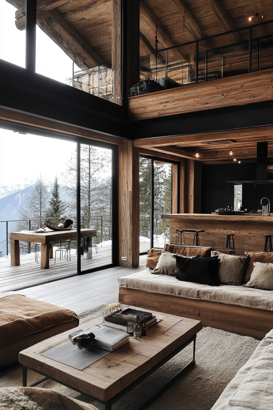 Contemporary Alpine living. Rustic wooden cabin with panoramic glass windows.