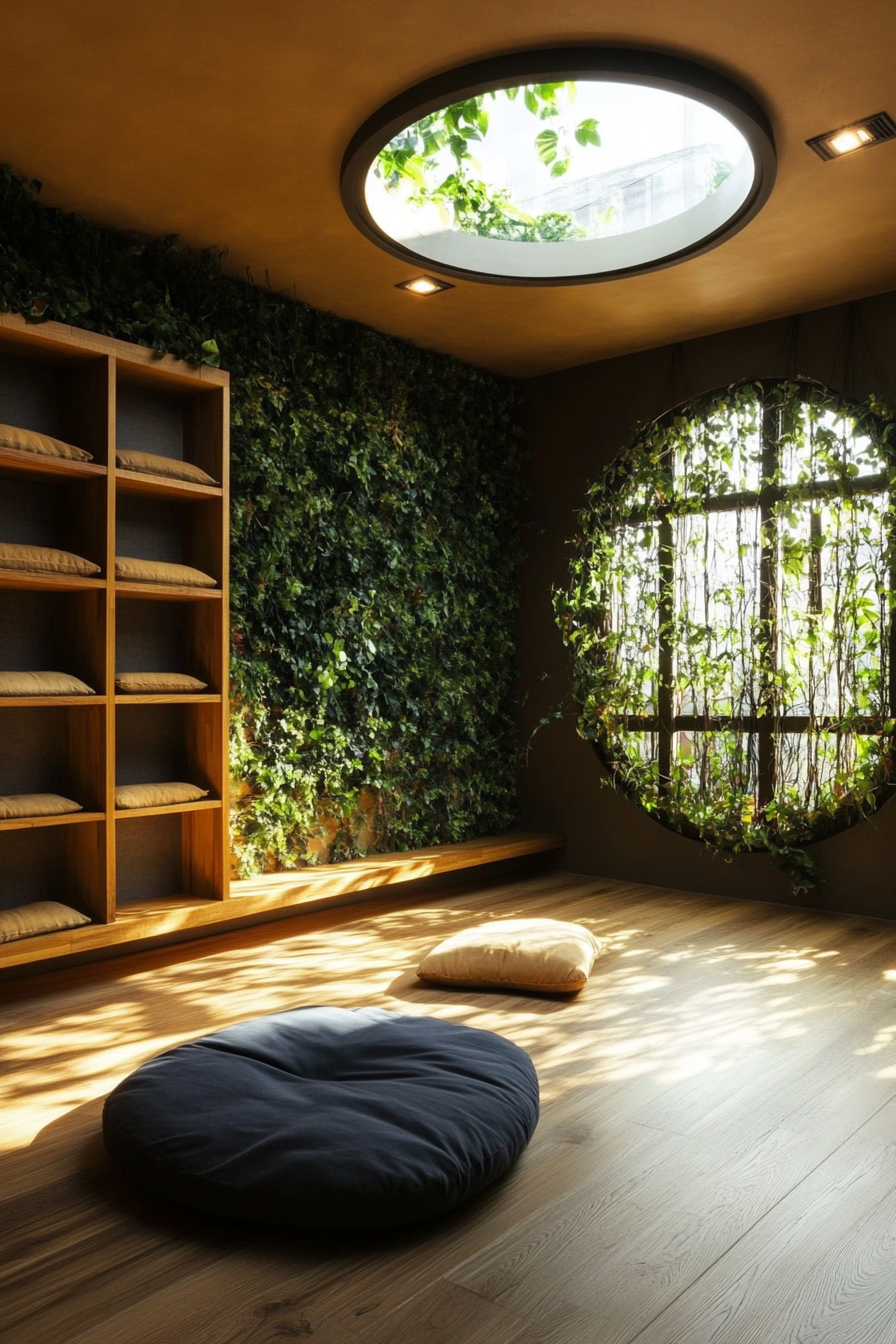 Yoga space. Bamboo flooring, meditative cushion under floating shelf, beside vine-flourished vertical garden, framed circular skylight overhead.