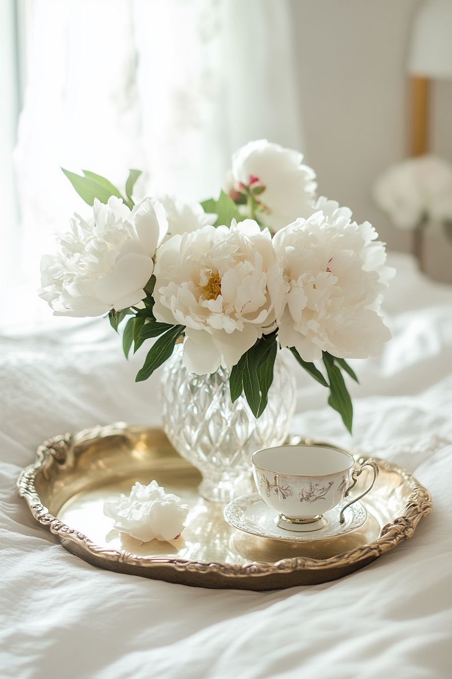 Bedside setup. Brass vintage tray, silver teacup, white peonies in a crystal vase.